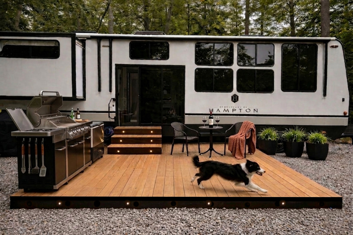 RV with a cedar deck and stairs at their seasonal lot