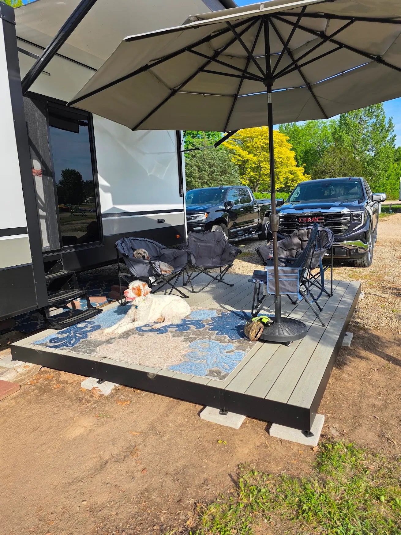 Aluminum deck with composite decking in Coastal colour installed on a seasonal RV lot