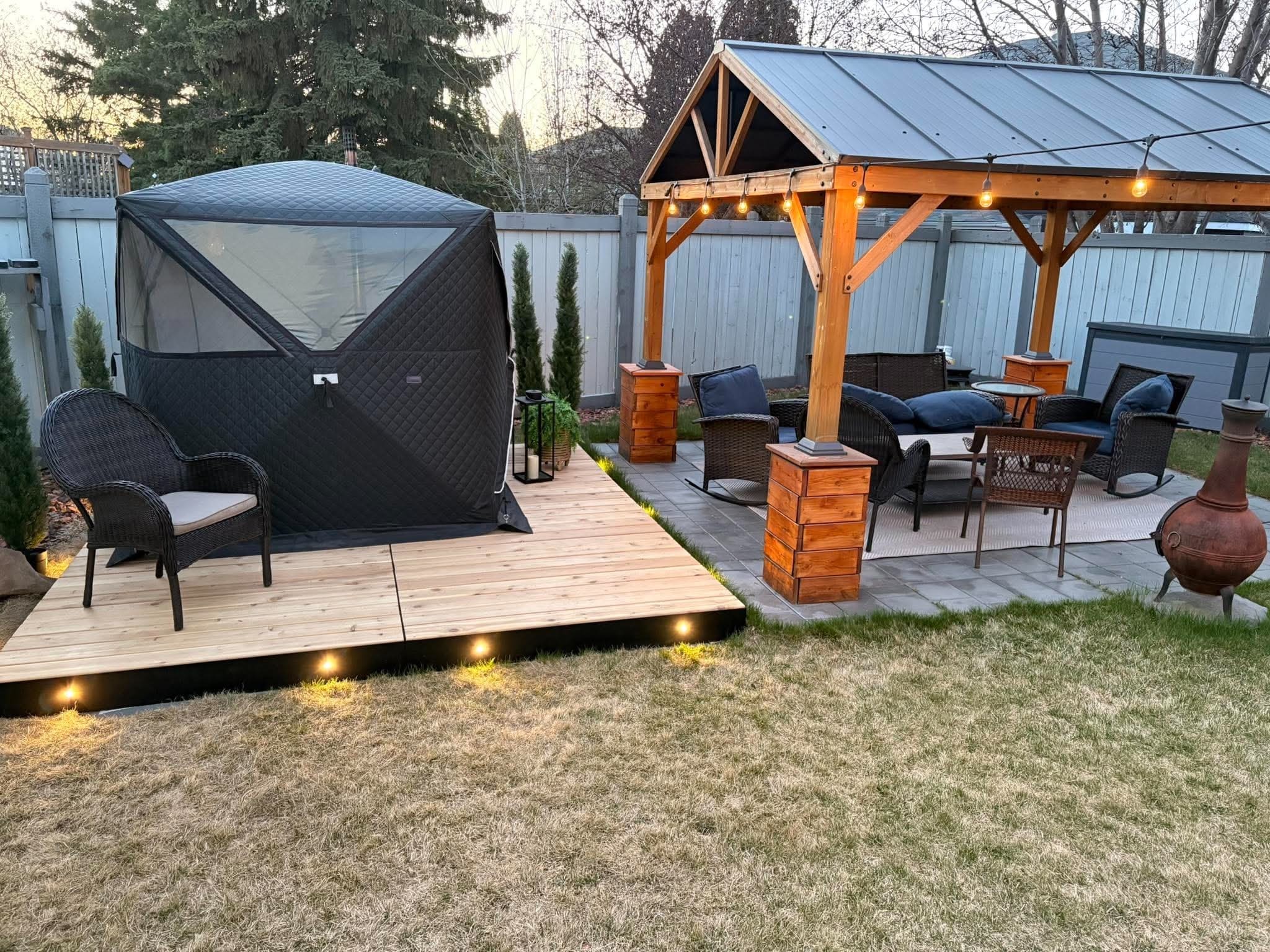 Cedar decking on aluminum frame installed for a sauna